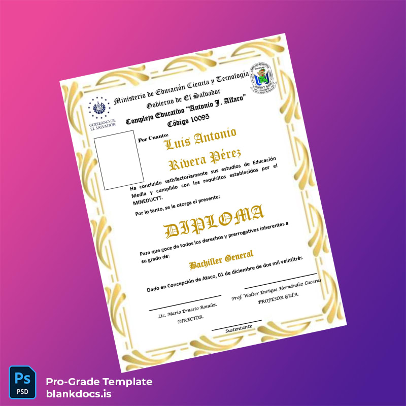 Blank El Salvador Complejo Educativo Antonio J. Alfaro High School Diploma Template Document Preview - BlankDocs