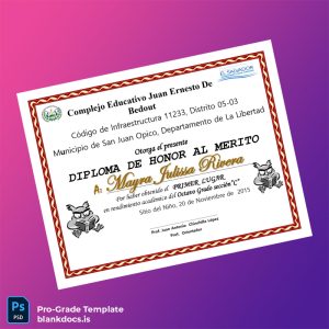 Blank El Salvador Complejo Educativo Juan Ernesto de Bedout Honor Diploma Template Document Preview - BlankDocs