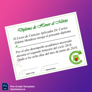 Blank El Salvador Liceo de Ciencias Aplicadas Dr. Carlos Aldana Mendoza Honor Diploma Document Preview - BlankDocs