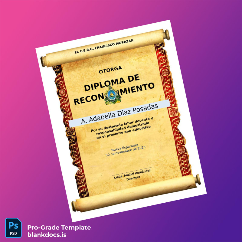 Blank Honduras C.E.B.G. Francisco Morazan Diploma Template Document Preview - BlankDocs