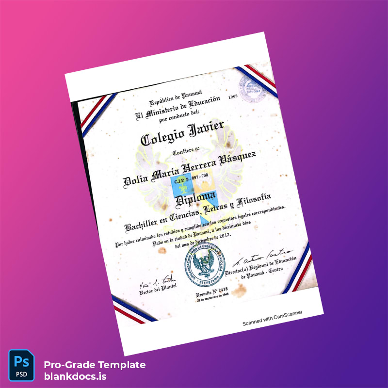 Blank Panama Colegio Javier Bachelor in Sciences, Arts, and Philosophy Diploma Document Preview - BlankDocs