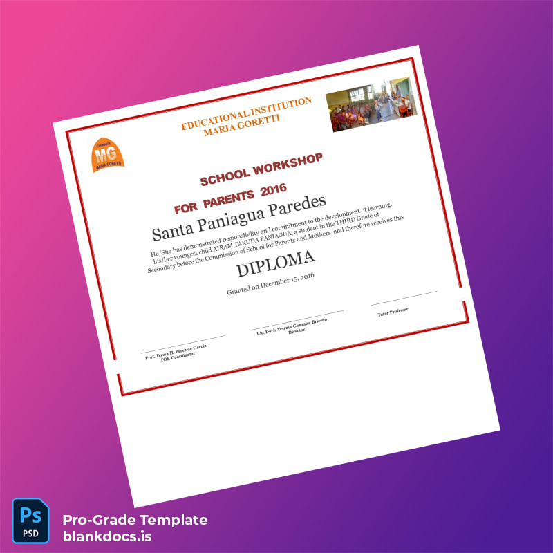 Blank Peru María Goretti Educational Institution Parent School Diploma Document Preview - BlankDocs