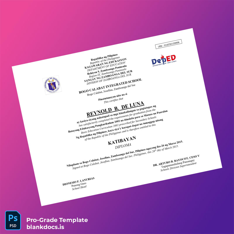 Blank Philippines Bogo Calabat Integrated School High School Diploma Document Preview - BlankDocs