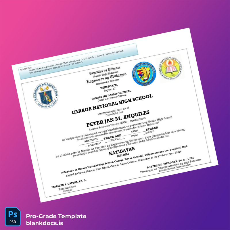 Blank Philippines Caraga National High School High School Diploma page 2 Document Preview - BlankDocs