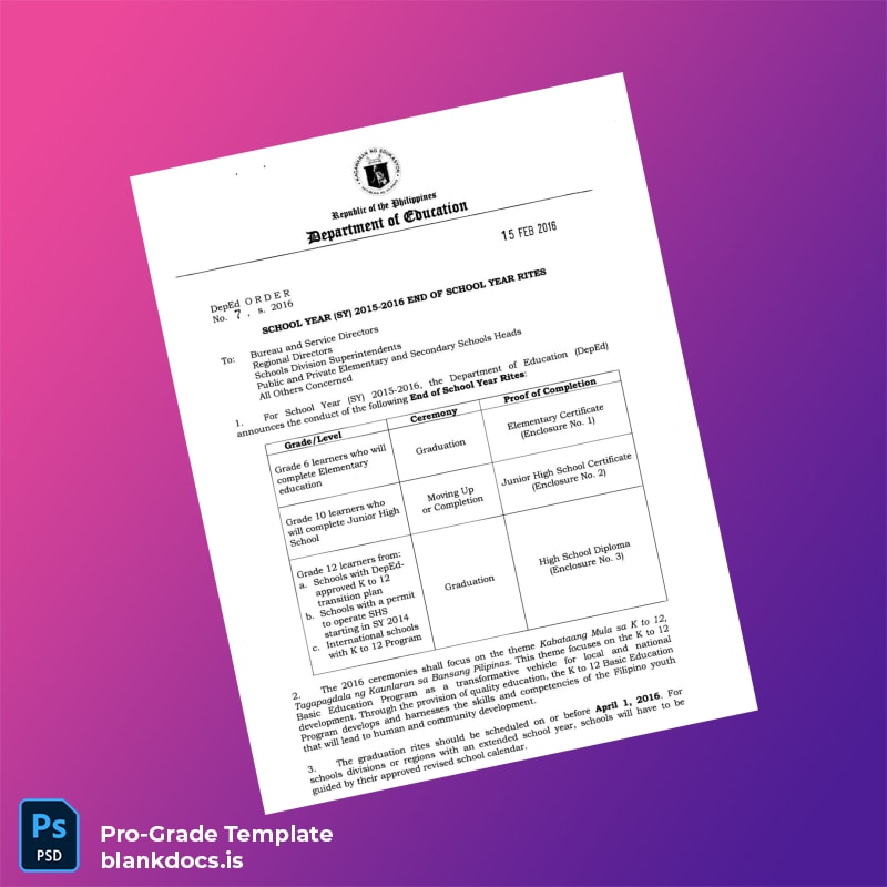 Blank Philippines Department of Education High School Diploma Template Document Preview - BlankDocs