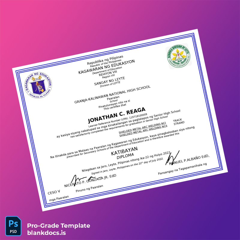Blank Philippines Granja-Kalinawan National High School Senior High School Diploma Document Preview - BlankDocs