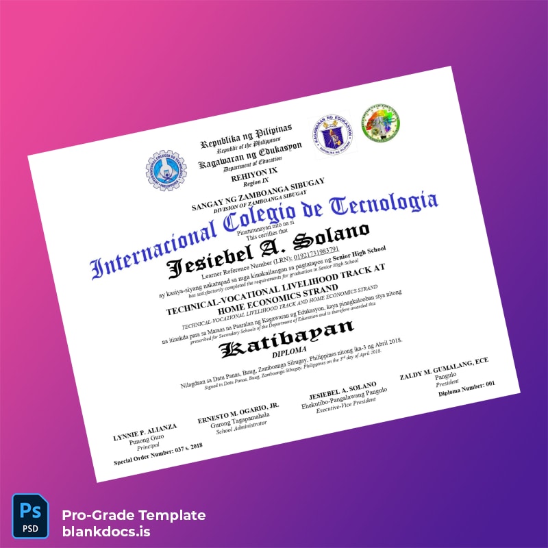 Blank Philippines Internacional Colegio de Tecnologia Senior High School Diploma Document Preview - BlankDocs