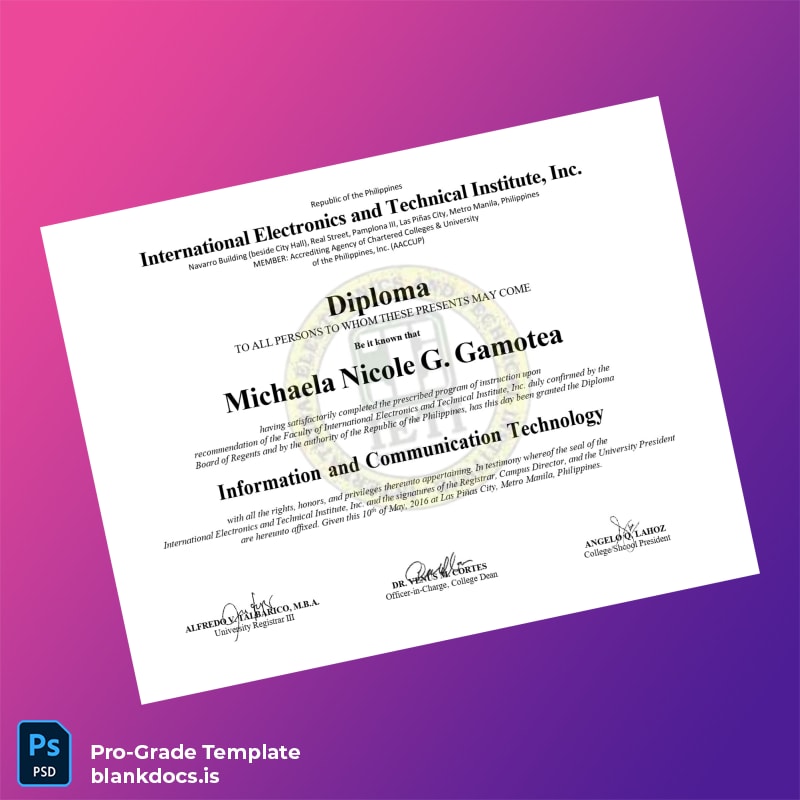 Blank Philippines International Electronics and Technical Institute, Inc. Diploma in Information and Communication Technology Document Preview - BlankDocs