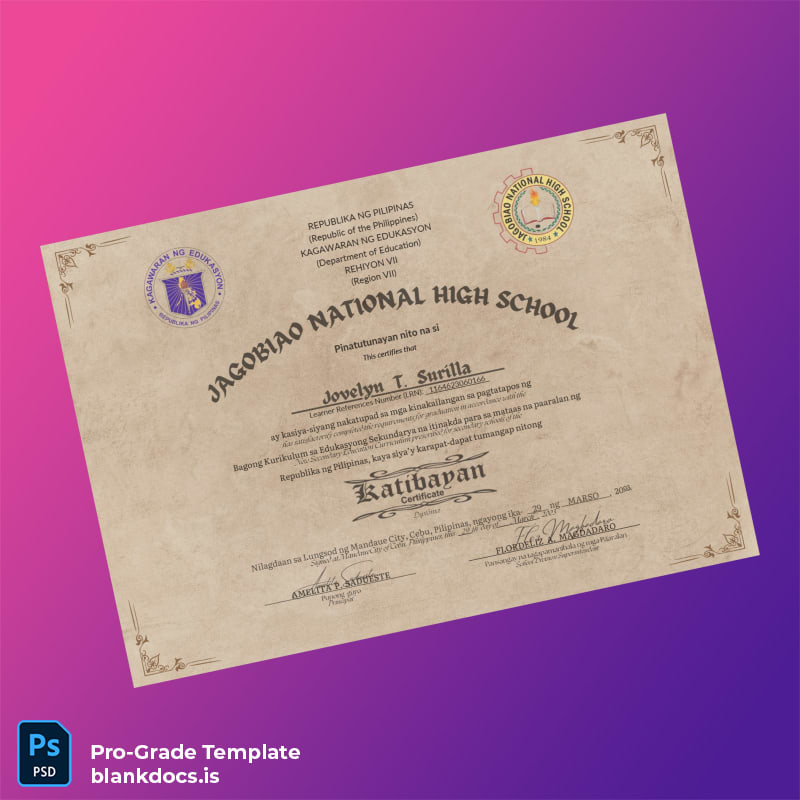 Blank Philippines Jagobiao National High School High School Diploma Template Document Preview - BlankDocs