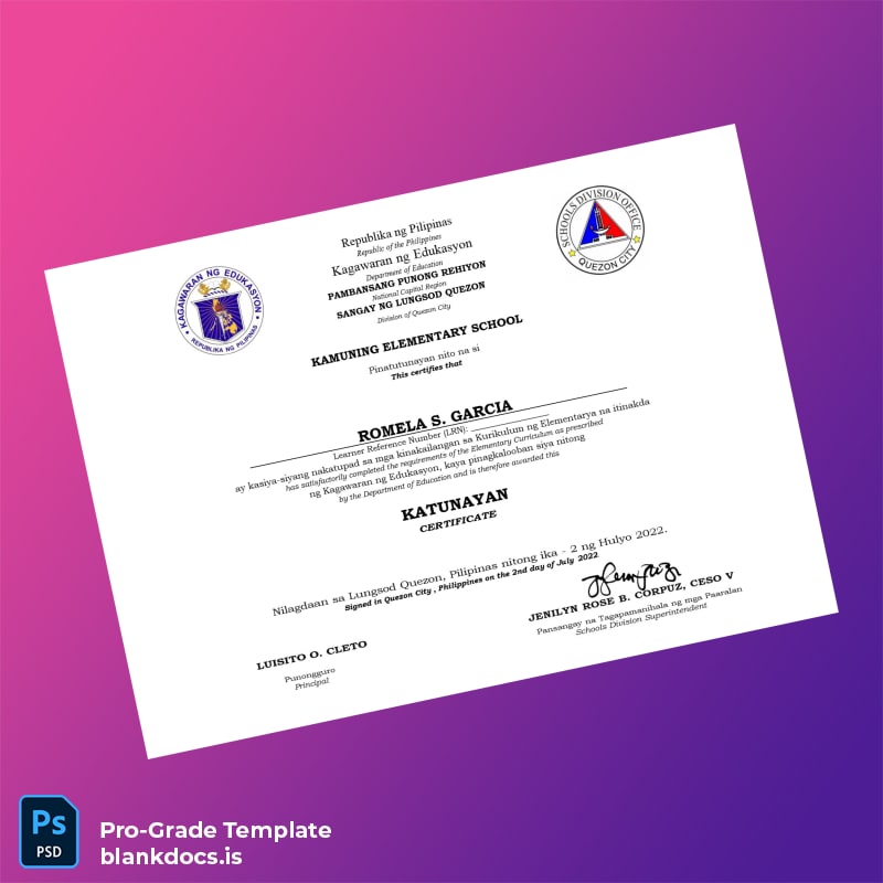 Blank Philippines Kamuning Elementary School Certificate of Completion for Romela S. Garcia Document Preview - BlankDocs