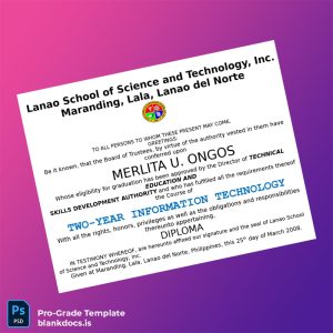 Blank Philippines Lanao School of Science and Technology Inc Two-Year Information Technology Diploma Document Preview - BlankDocs