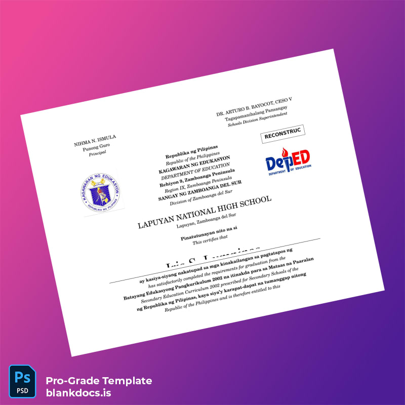 Blank Philippines Lapuyan National High School High School Diploma page 2 Document Preview - BlankDocs