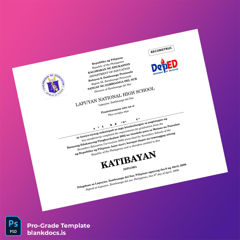 Blank Philippines Lapuyan National High School High School Diploma Document Preview - BlankDocs