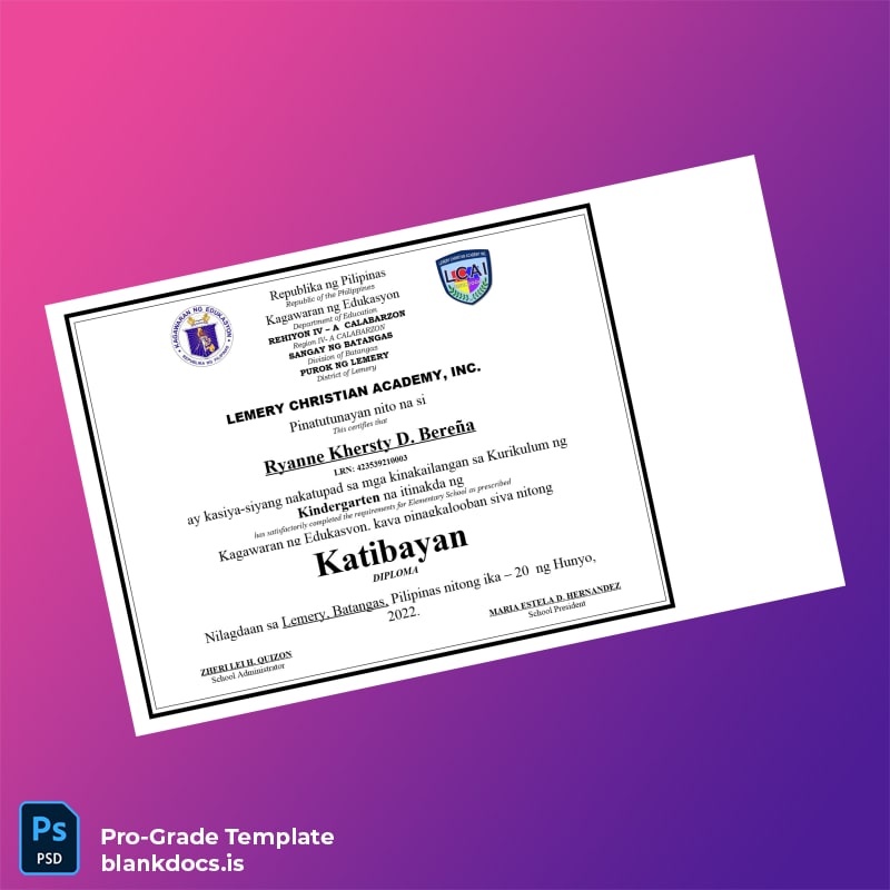 Blank Philippines Lemery Christian Academy Inc Kindergarten Diploma Document Preview - BlankDocs