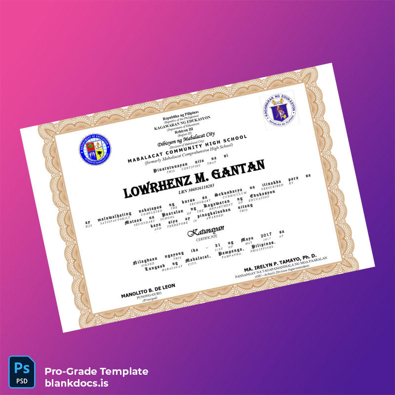 Blank Philippines Mabalacat Community High School High School Diploma Document Preview - BlankDocs