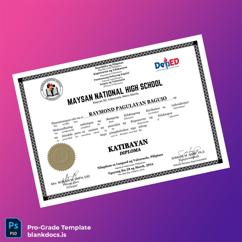 Blank Philippines Maysan National High School High School Diploma Template Document Preview - BlankDocs