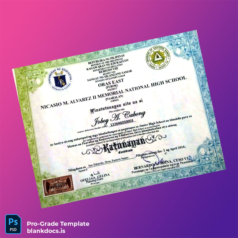 Blank Philippines Nicasio M. Alvarez II Memorial National High School Junior High School Certificate Document Preview - BlankDocs
