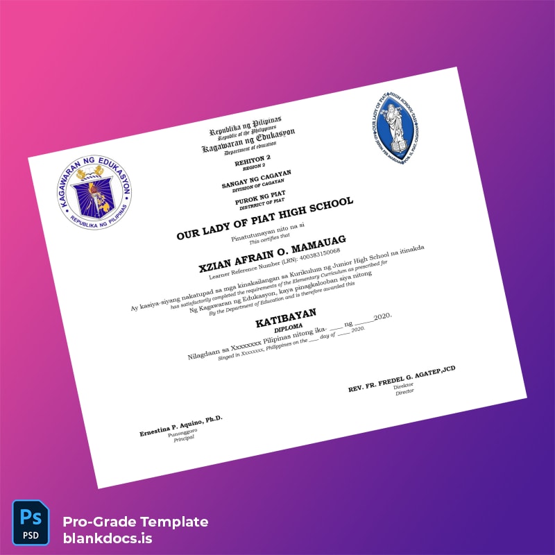 Blank Philippines Our Lady of Piat High School Junior High School Diploma Document Preview - BlankDocs