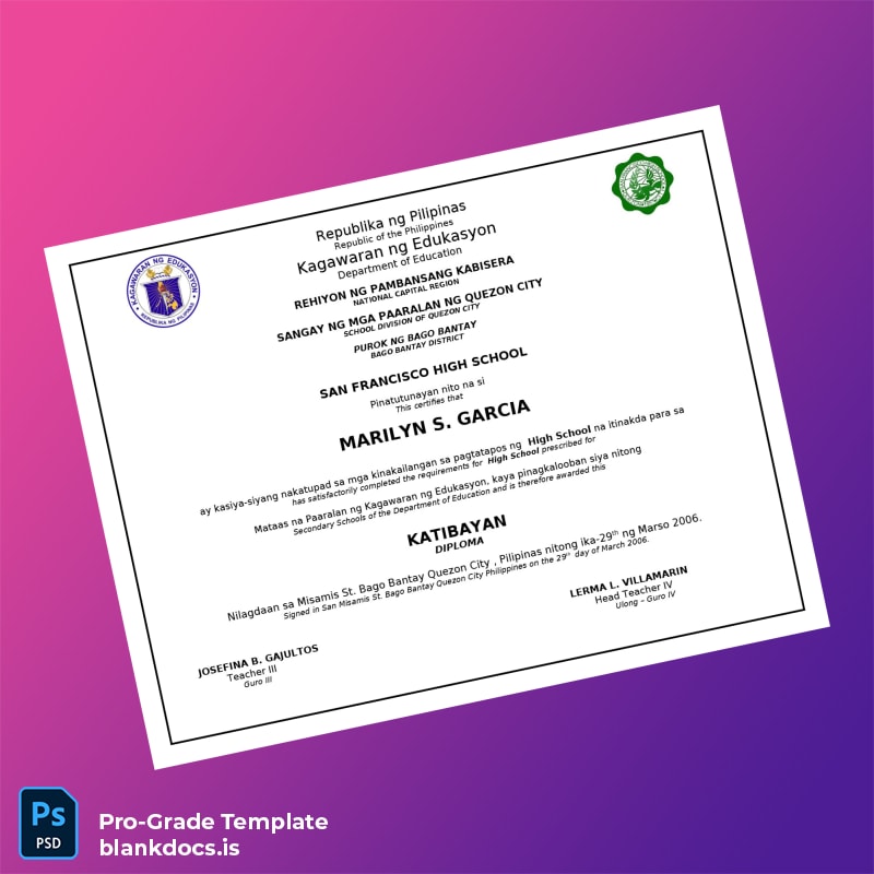 Blank Philippines San Francisco High School High School Diploma Document Preview - BlankDocs