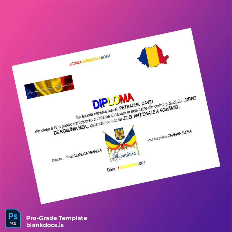 Blank Romania Scoală Gimnazială Bosia Diploma Certificate Document Preview - BlankDocs