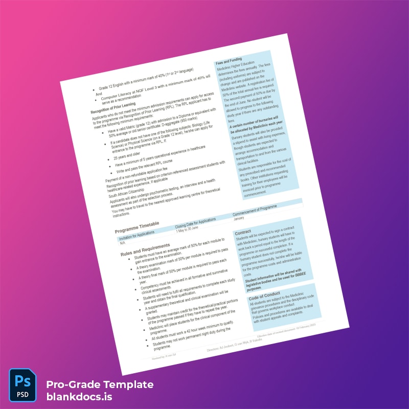 Blank South Africa Mediclinic Higher Education Diploma in Nursing Template page 2 Document Preview - BlankDocs