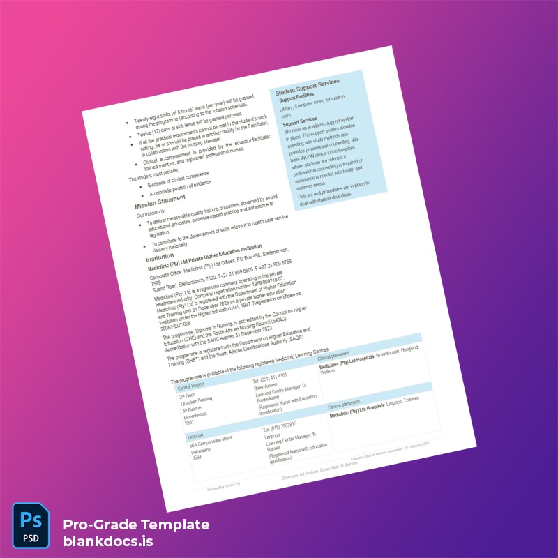 Blank South Africa Mediclinic Higher Education Diploma in Nursing Template page 3 Document Preview - BlankDocs
