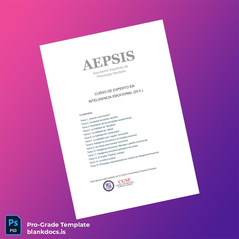 Blank Spain Asociación Española de Psicología Sanitaria Expert Course in Emotional Intelligence Diploma page 2 Document Preview - BlankDocs
