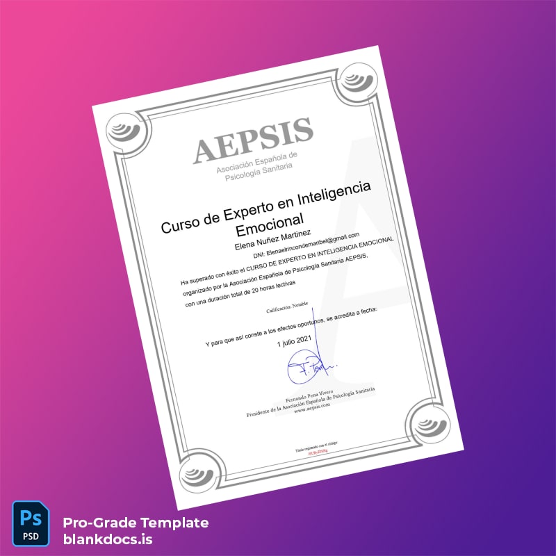 Blank Spain Asociación Española de Psicología Sanitaria Expert Course in Emotional Intelligence Diploma Document Preview - BlankDocs