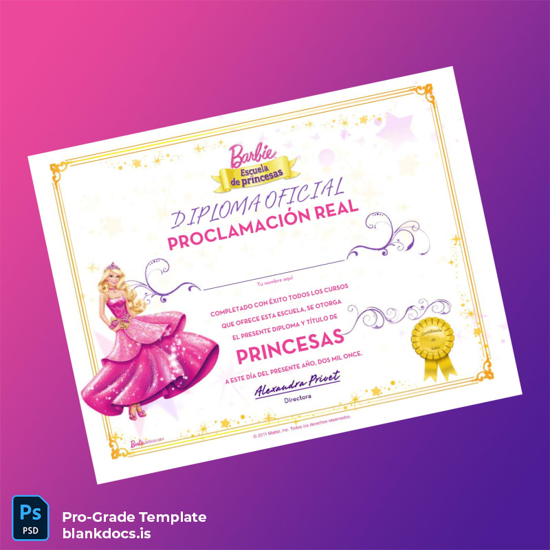Blank Spain Barbie Princess School Princess Diploma Template Document Preview - BlankDocs