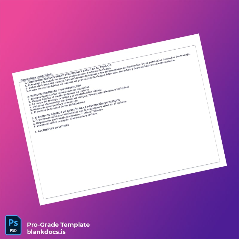 Blank Spain Employment for All S.L. Diploma in Occupational Risk Prevention 50 Hours Certificate page 4 Document Preview - BlankDocs