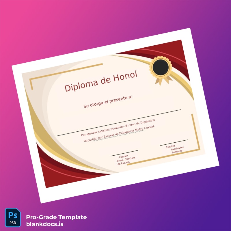 Blank Spain Escuela de Peluquería Melyn Cassiel Diploma in Depilation Template Document Preview - BlankDocs