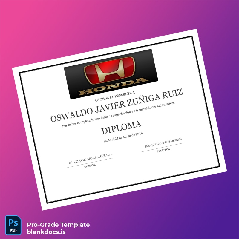 Blank Spain Honda Diploma Certificate Document Preview - BlankDocs