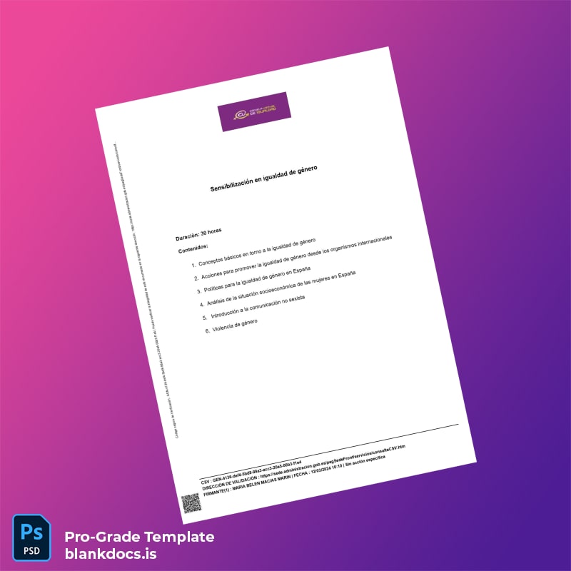 Blank Spain Instituto de las Mujeres Certificate in Gender Equality Awareness Template page 2 Document Preview - BlankDocs