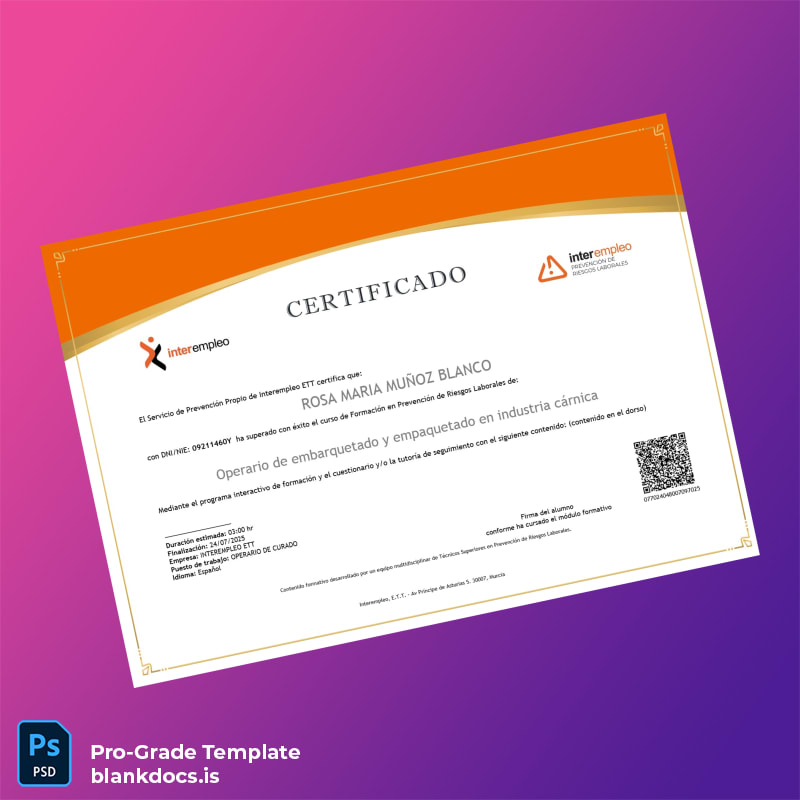 Blank Spain Interempleo ETT Certificate in Occupational Risk Prevention for Meat Industry Packaging Operator Document Preview - BlankDocs