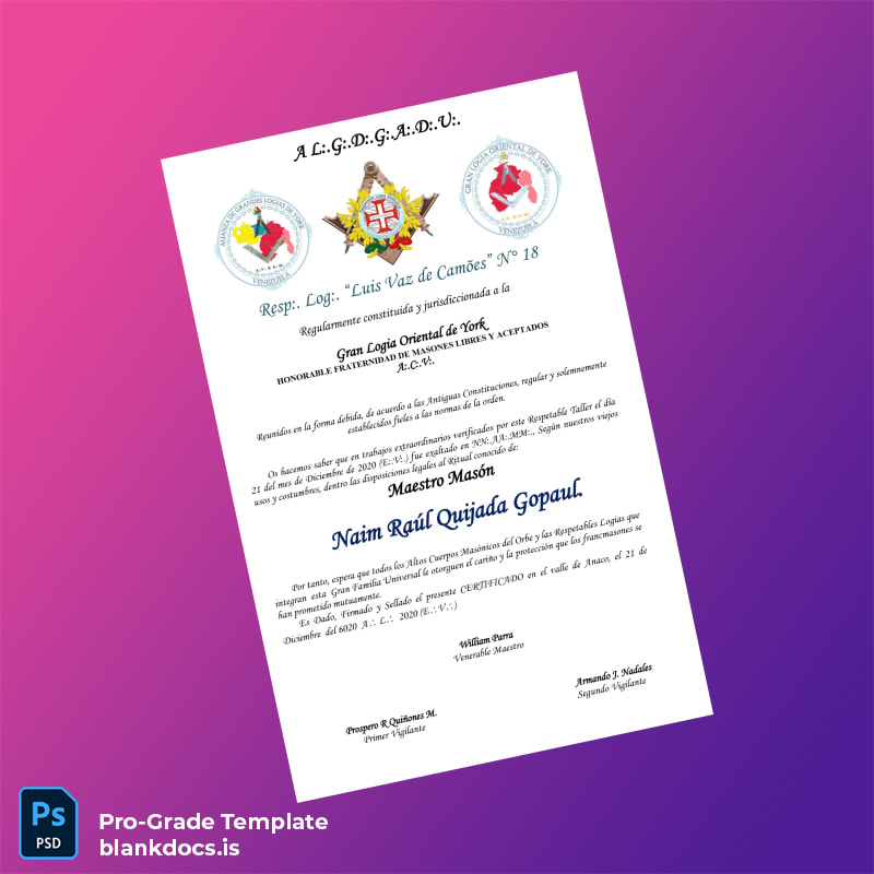 Blank Spain Luis Vaz de Camões Lodge Master Mason Diploma page 2 Document Preview - BlankDocs