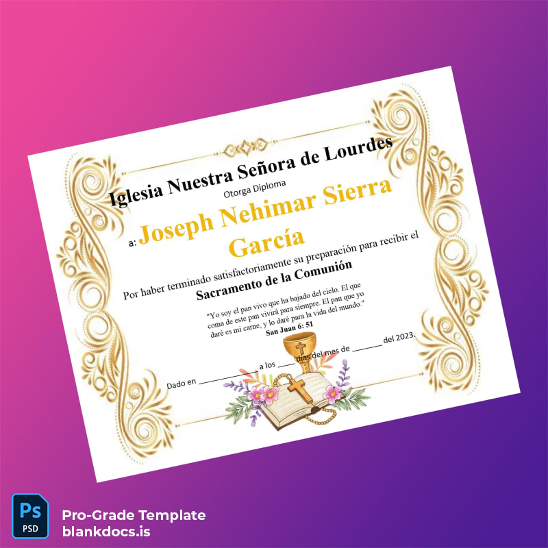 Blank Spain Nuestra Señora de Lourdes First Communion Diploma Template Document Preview - BlankDocs