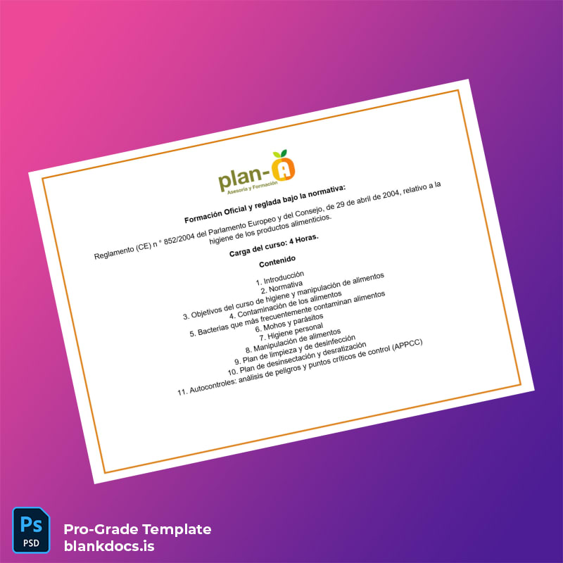 Blank Spain Plan-A Food Handler Certificate page 2 Document Preview - BlankDocs