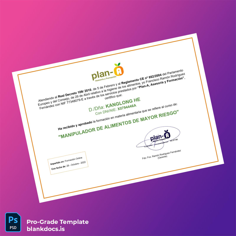 Blank Spain Plan-A Food Handler Certificate Document Preview - BlankDocs