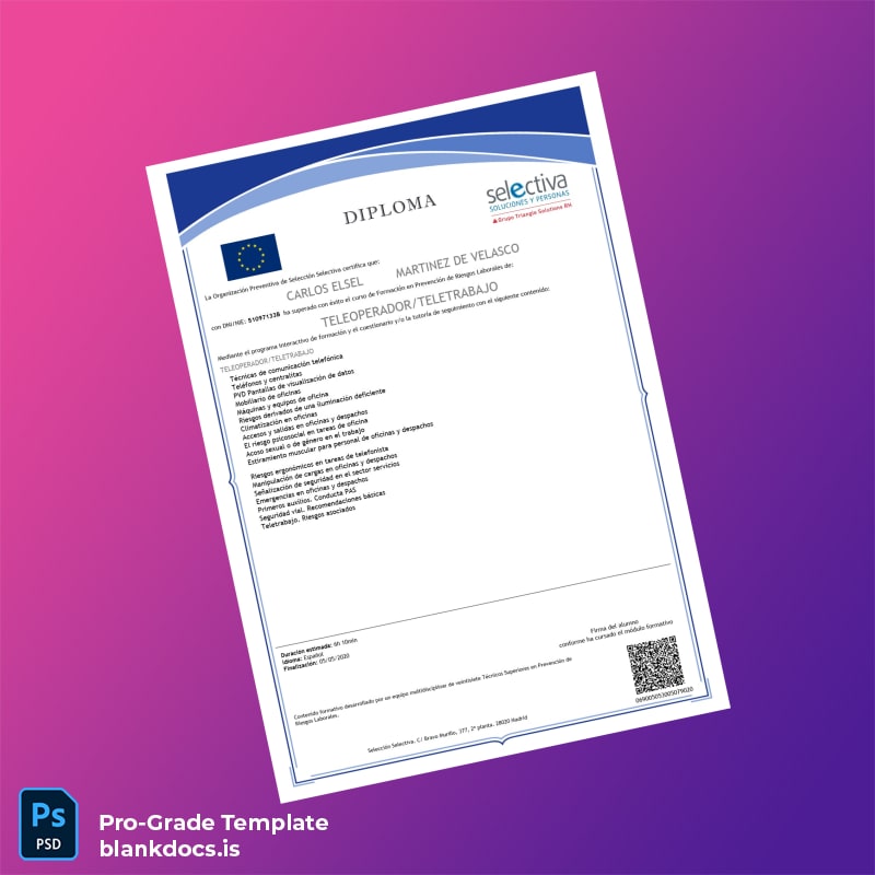 Blank Spain Selectiva Formación Teleoperador_Teletrabajo Diploma Document Preview - BlankDocs