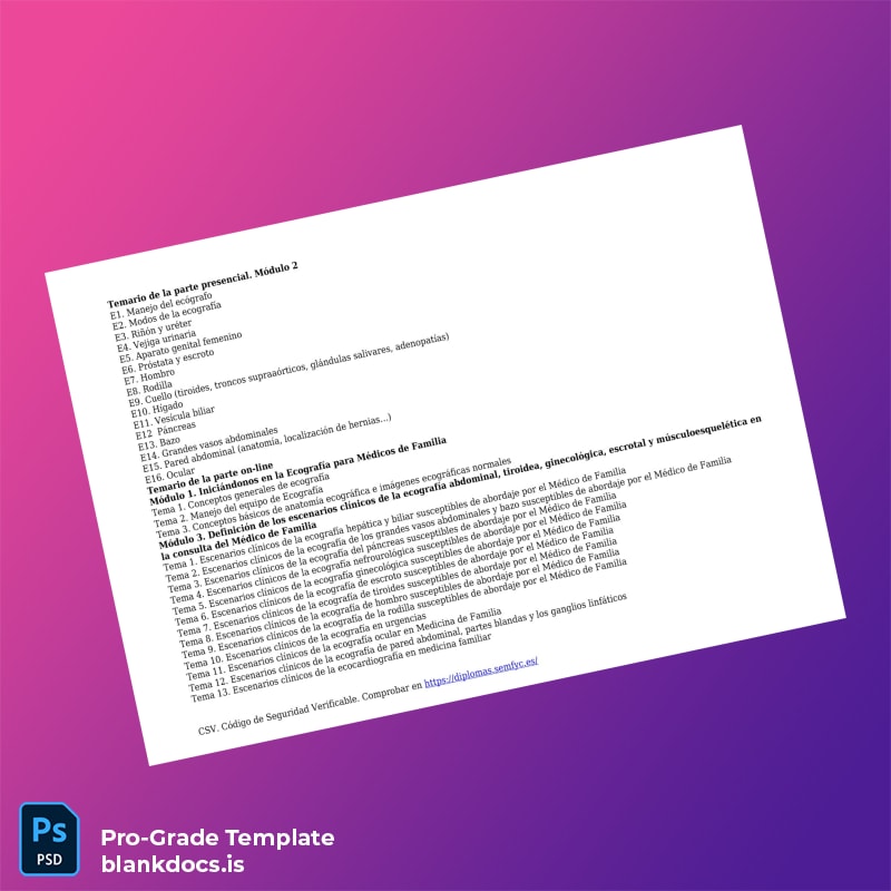 Blank Spain Society of Family and Community Medicine Clinical Echography Diploma page 2 Document Preview - BlankDocs