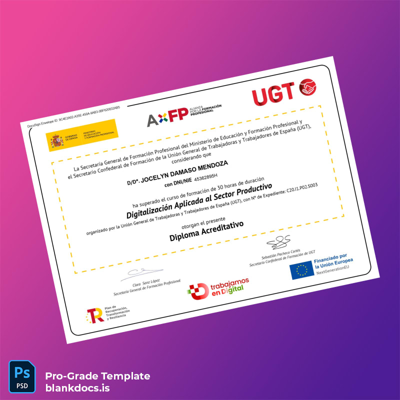 Blank Spain Union General of Workers UGT Diploma Certificate Document Preview - BlankDocs