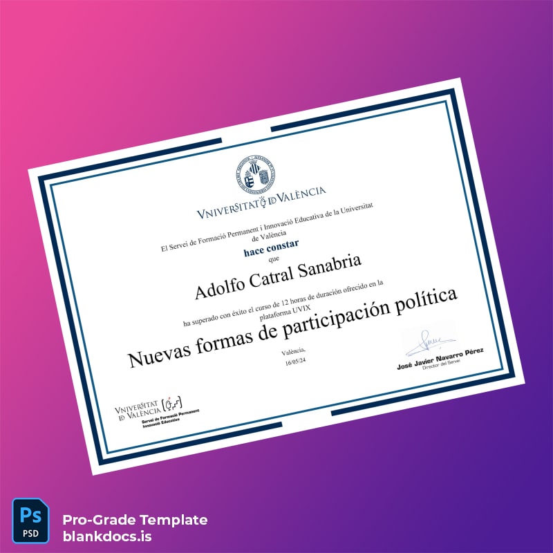 Blank Spain University of Valencia Course Certificate in New Forms of Political Participation Document Preview - BlankDocs