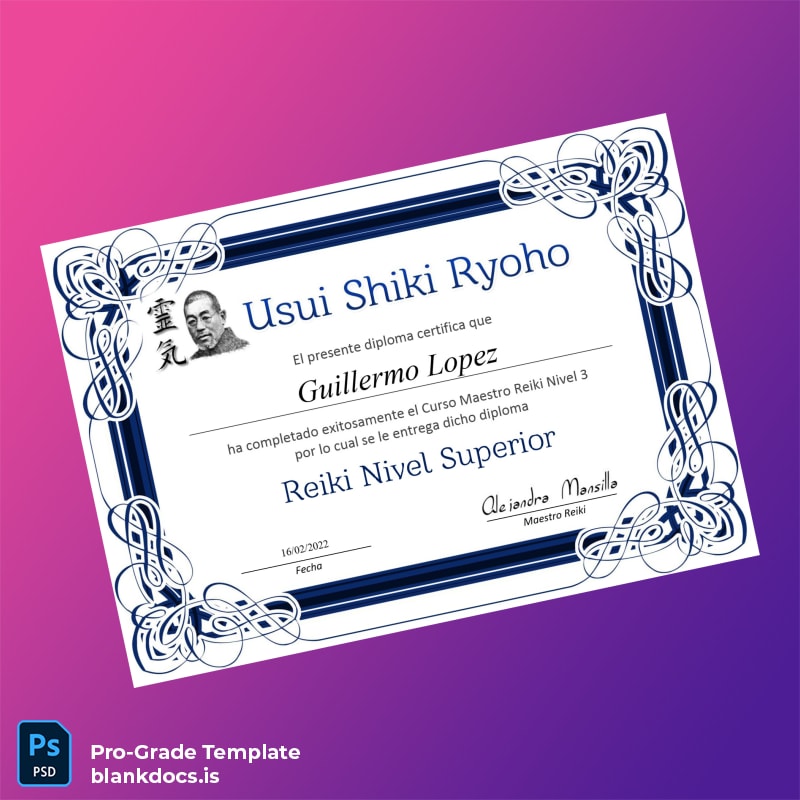 Blank Spain Usui Shiki Ryoho Reiki Master Course Level 3 Diploma Document Preview - BlankDocs