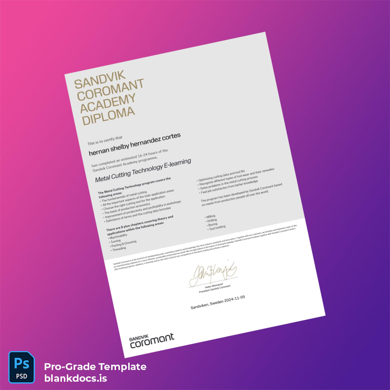 Blank Sweden Sandvik Coromant Academy Metal Cutting Technology E-learning Diploma Document Preview - BlankDocs