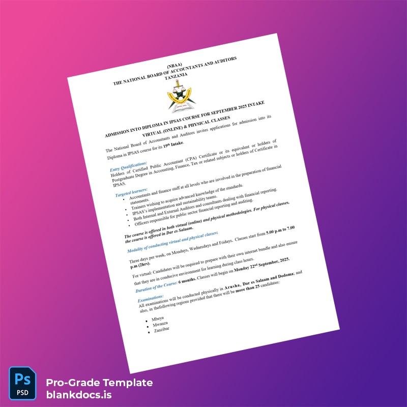 Blank Tanzania National Board of Accountants and Auditors Diploma in IPSAS Document Preview - BlankDocs