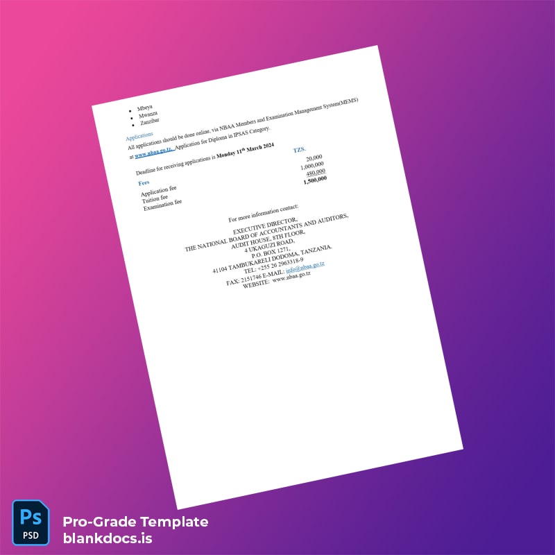 Blank Tanzania National Board of Accountants and Auditors Diploma in IPSAS Certificate page 2 Document Preview - BlankDocs