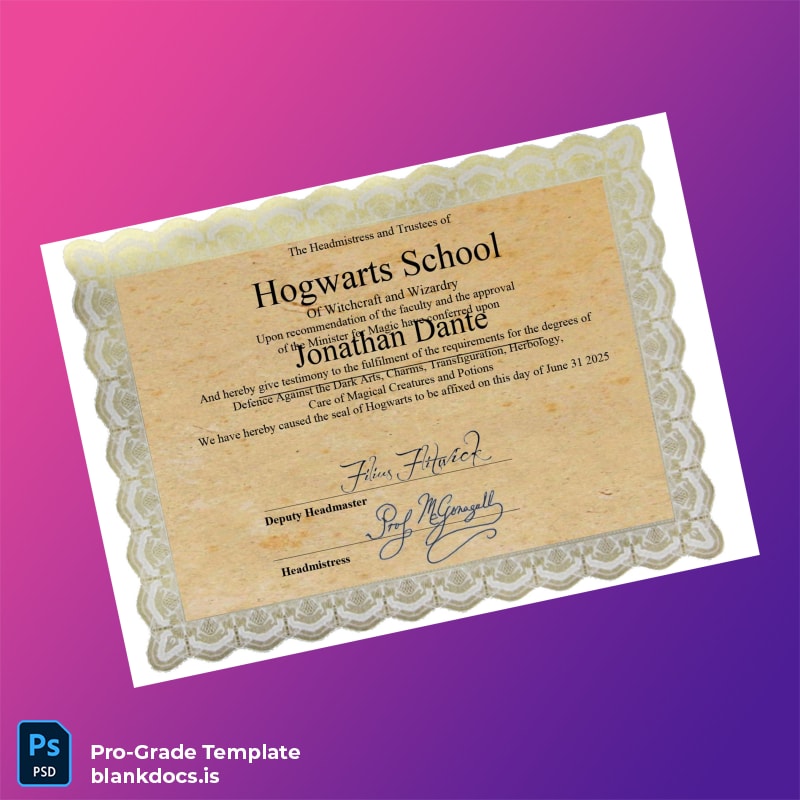Blank UK Hogwarts School Diploma in Witchcraft and Wizardry Document Preview - BlankDocs