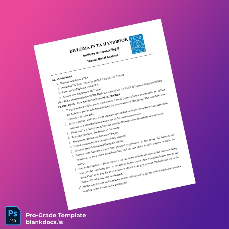 Blank UK Institute for Counselling & Transactional Analysis Diploma in Transactional Analysis Document Preview - BlankDocs