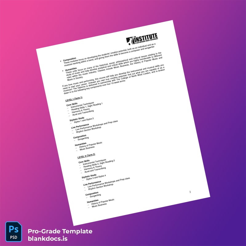 Blank UK Institute of Contemporary Music Performance Diploma in Guitar Performance page 2 Document Preview - BlankDocs