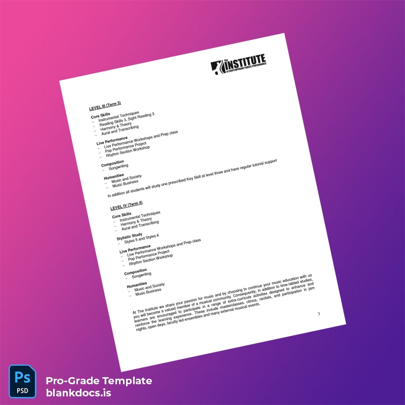 Blank UK Institute of Contemporary Music Performance Diploma in Guitar Performance page 3 Document Preview - BlankDocs